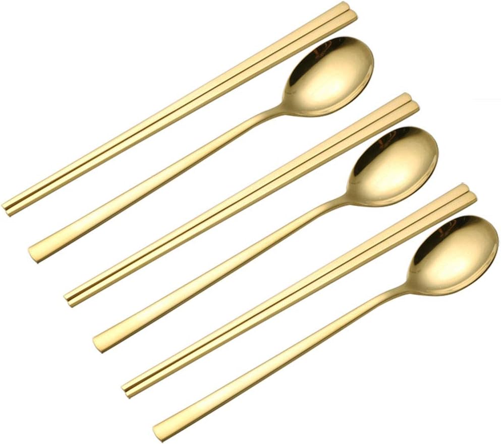 Korean Chopsticks and Spoon Set with Long Flat Hand, Metal Durable