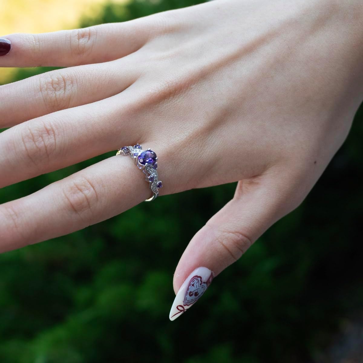 Sterling Silver Vine Ring for Women – Genuine Amethyst & Lab Created White Sapphire Gemstone – Nature Inspired February Birthstone Jewelry – Elegant Promise, Anniversary or Fine Gift Ring - Image 3