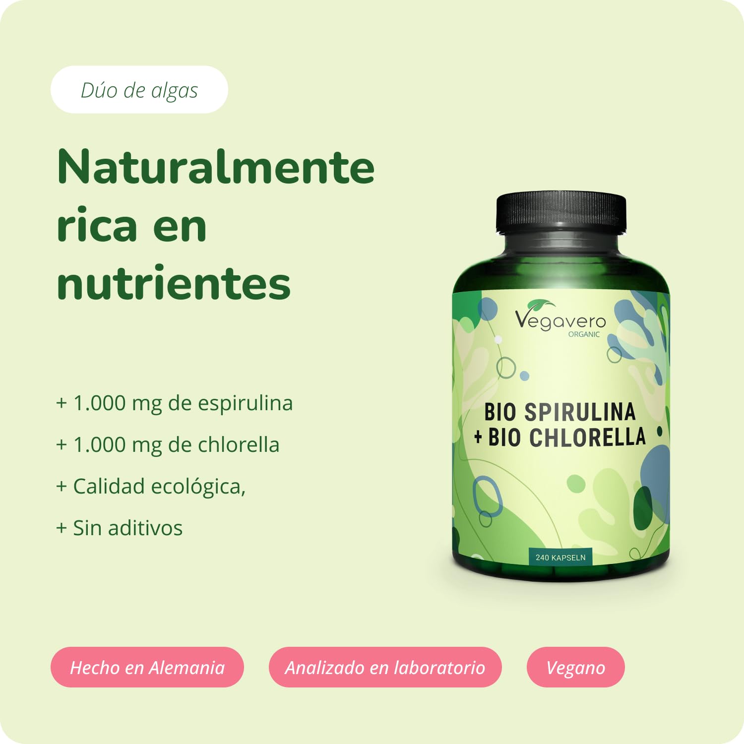 Espirulina y Chlorella BIO Vegavero | 2000 mg Dosis Diaria | 240 Cápsulas | Testado en Laboratorio | Algas Marinas | Superfood rica en Clorofila | Cansancio + Energía | Ecológica