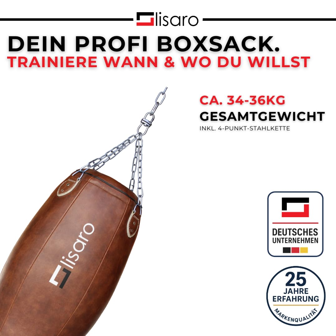 Lisaro Profi Uppercut Boxsack 140 cm – Punching Bag hängend 35 kg – Retro Uppercut Punching Bag für Boxen, Muay Thai, Kickboxen, MMA & BJJ – Premium Boxsack mit Kette für Gym & Home Gym