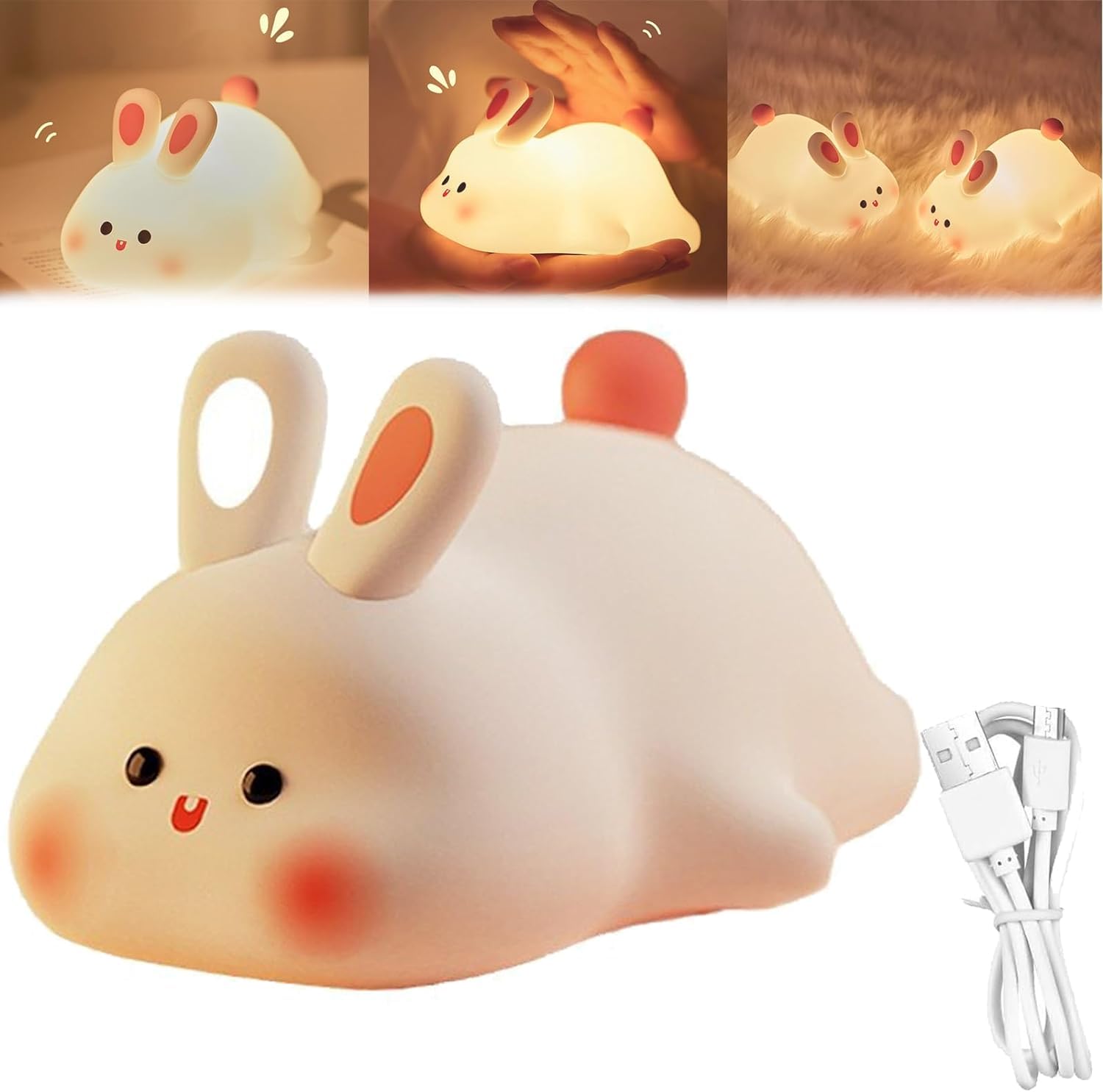 LUYAOBig Face Rabbit Light, 2024 New Cute Silicone USB Rechargeable Night Lamp, 3 Modes Adjustable Brightness Rabbit Silicone Light for Kids Gift