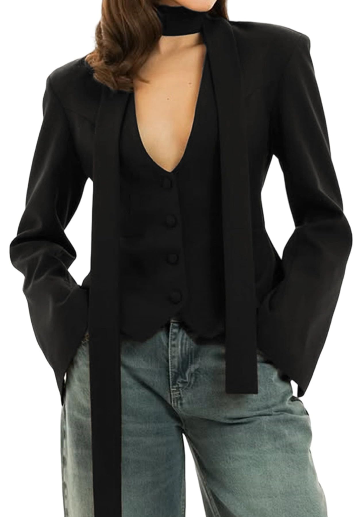 Tcremisa Blazers for Women Business Casual V Neck Button Up Blazer Jackets Dressy Long Sleeve Office Work Suit