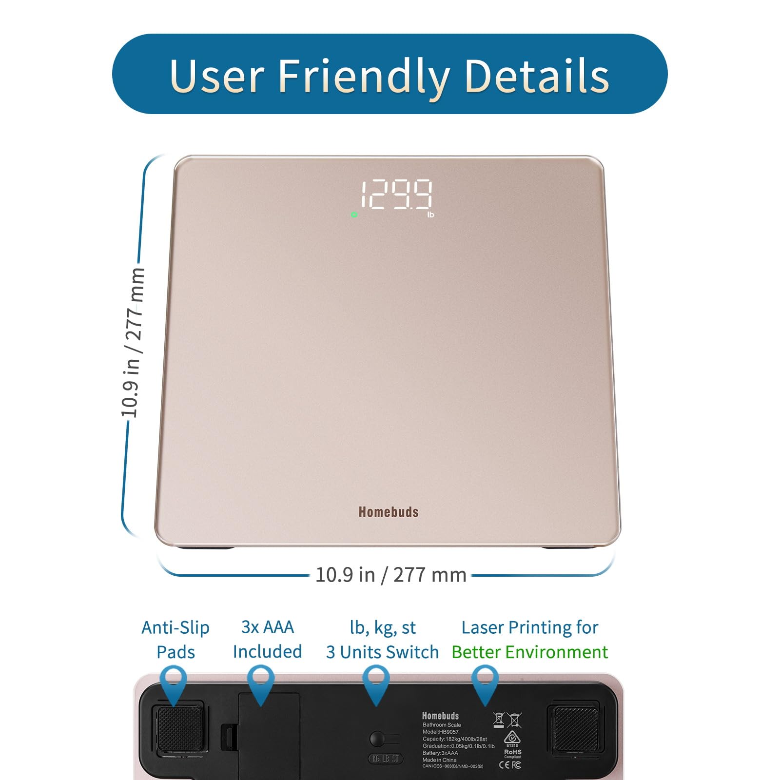 Homebuds Bilancia Pesapersone, Precisione 0,05kg Dalla Nostra Fabbrica Professionale Dal 2001, Bilancia Digitale Step On e LED Bianco per Una Facile Visualizzazione, 3*AAA Incluse, 182kg, Oro Rosa
