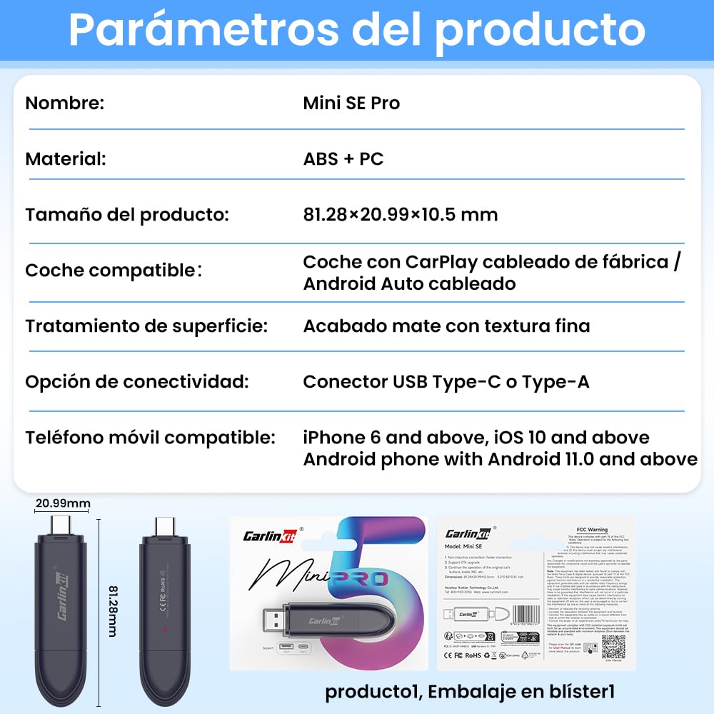 Carlinkit Mini SE Pro Adaptador inalámbrico para CarPlay Inalámbrico y Android Auto inalámbrico(2 en 1),para Coches con CarPlay con Cable o Android Auto con Cable (año: 2017-2026), Plug and Play