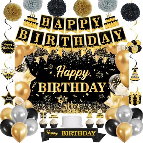 DARUNAXY Birthday Decorations, Black Gold Happy Birthday Banner &...