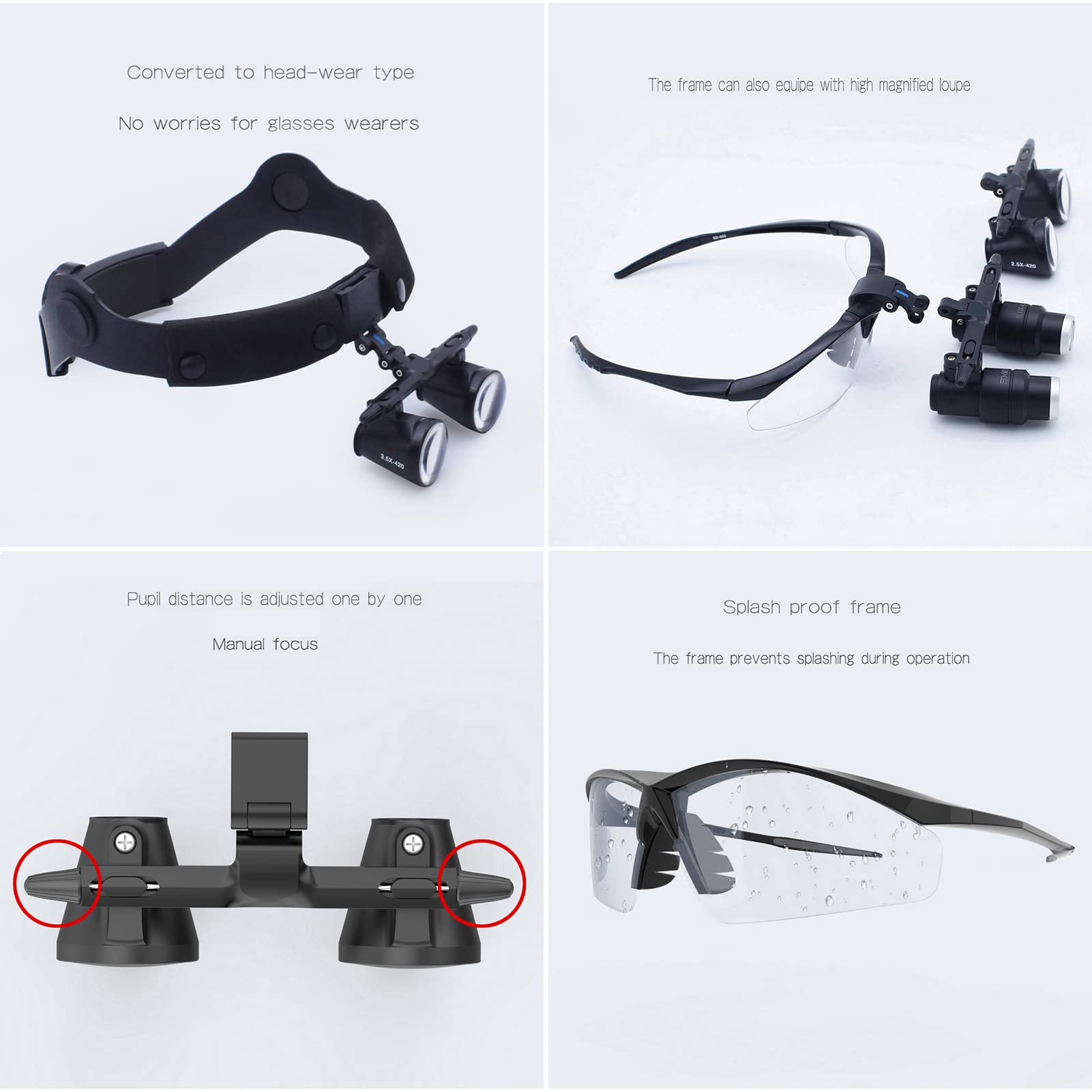 Lupa de Montaje en Cabeza Lupas binoculares Distancia de Trabajo 340-500 mm Lentes ópticas de Aumento Manos Libres para Trabajos cercanos Hobby Craft Reparación de Joyas (3.5X, 340 mm) (420 mm 2.5X)