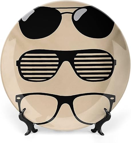 XISUNYA Placa decorativa de 6 pulgadas, artesanía de cerámica indie, gafas de sol antiguas de verano, hipster, impresión vintage, para colgar en la