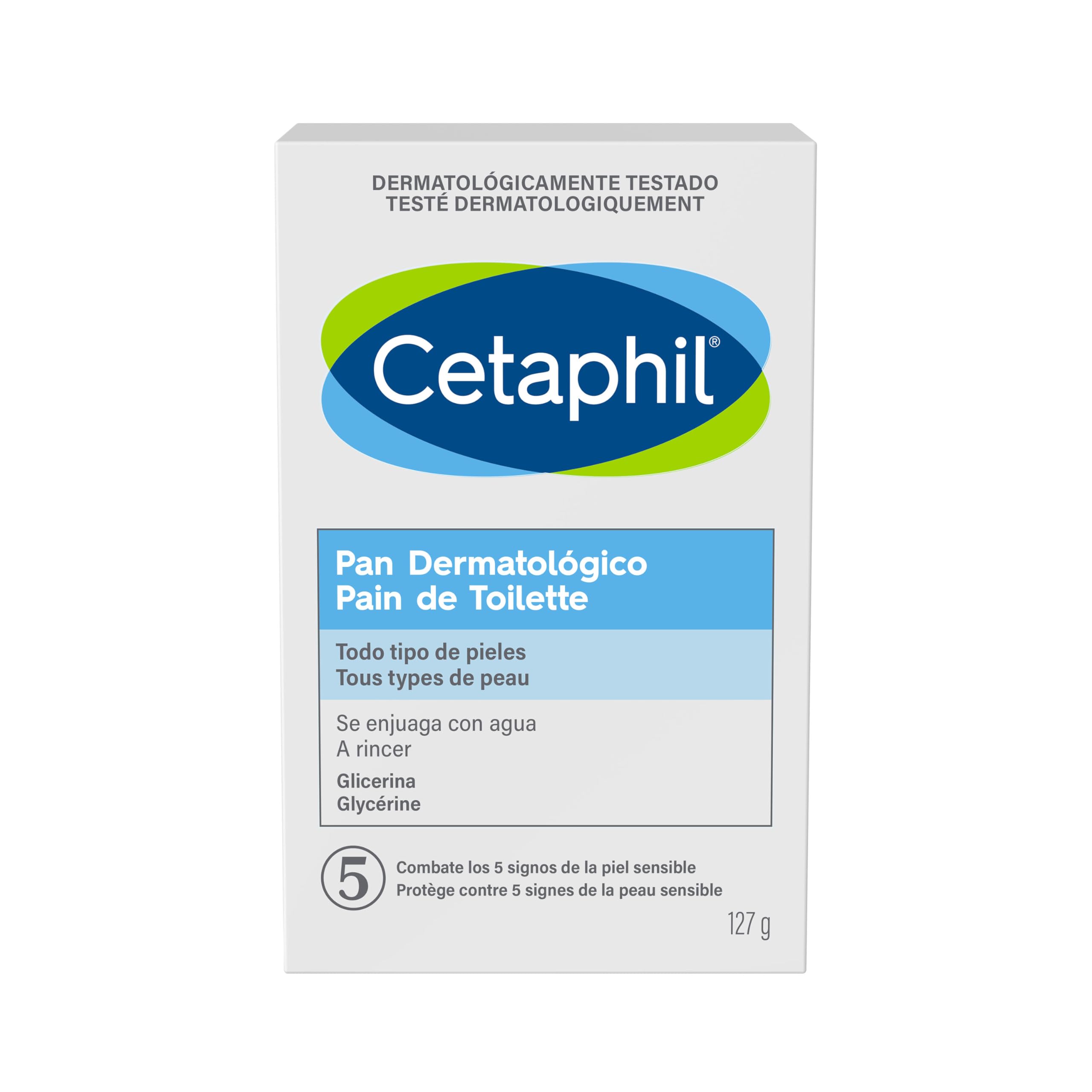 CETAPHIL Jabón limpiador facial pan dermatológico 127g, con glicerina, para pieles sensibles y secas