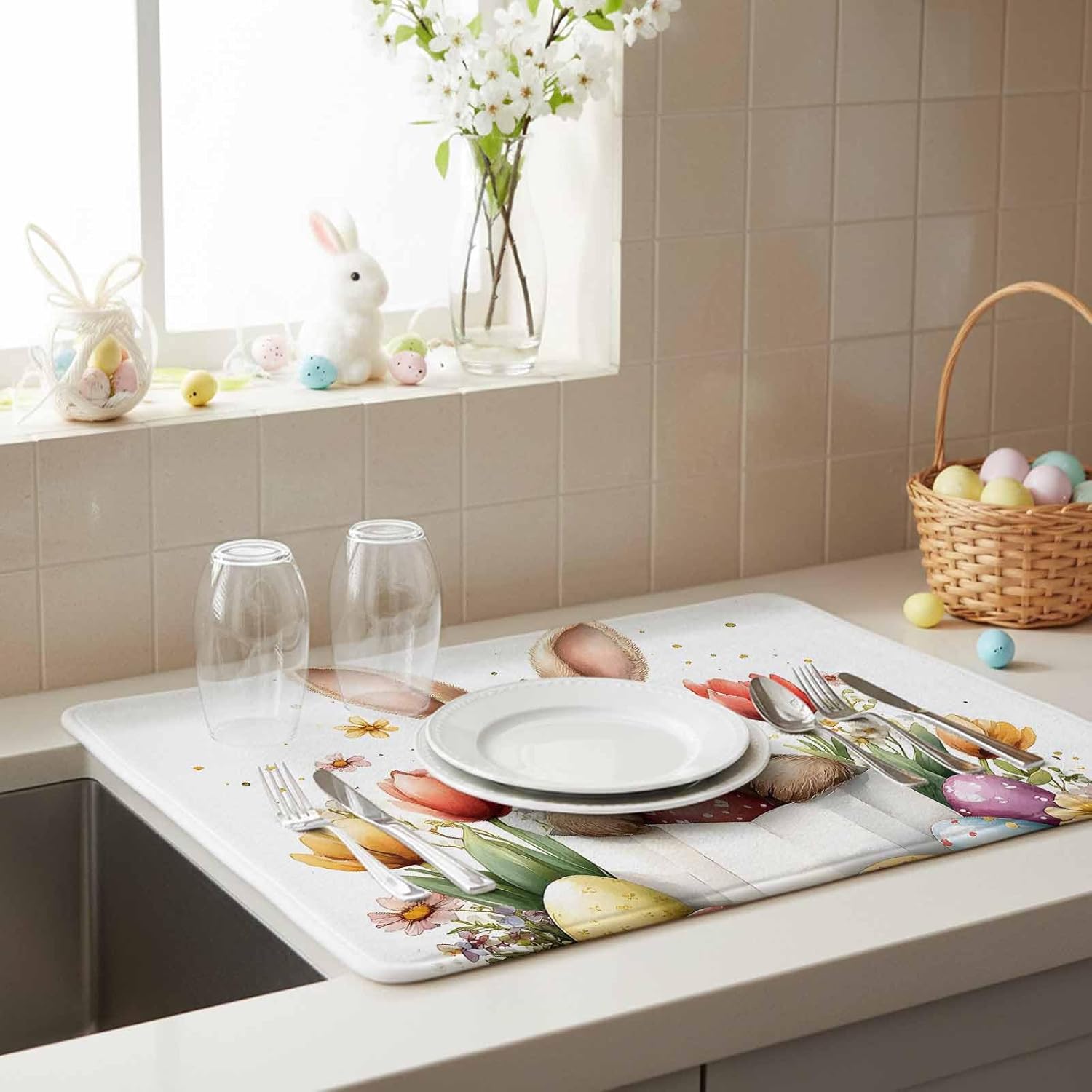 Absorbent Dish Drying Mat for Kitchen Counter,Cute Easter Egg Bunny on White Microfiber Quick Dry Pad Dishes Drainer Rack Mats for Under Sink Utensils 18x24in,2 Pack,Spring Watercolor Flower