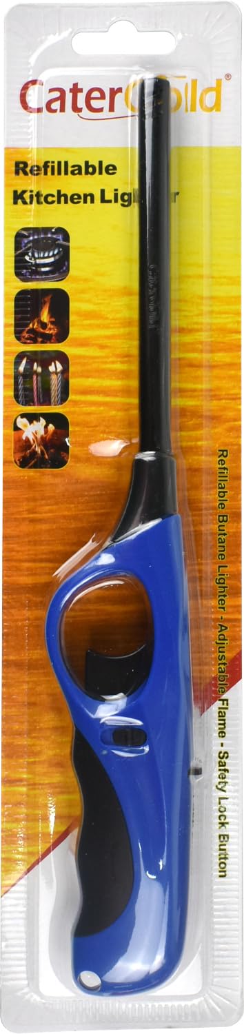 Catergold Blue Refillable Lighter Butane Gas Lighter With Adjustable Flame Safety Lock Windproof Fire Lighter For Kitchen Barbecue Candles Cooking Camping Fireworks (Blue)