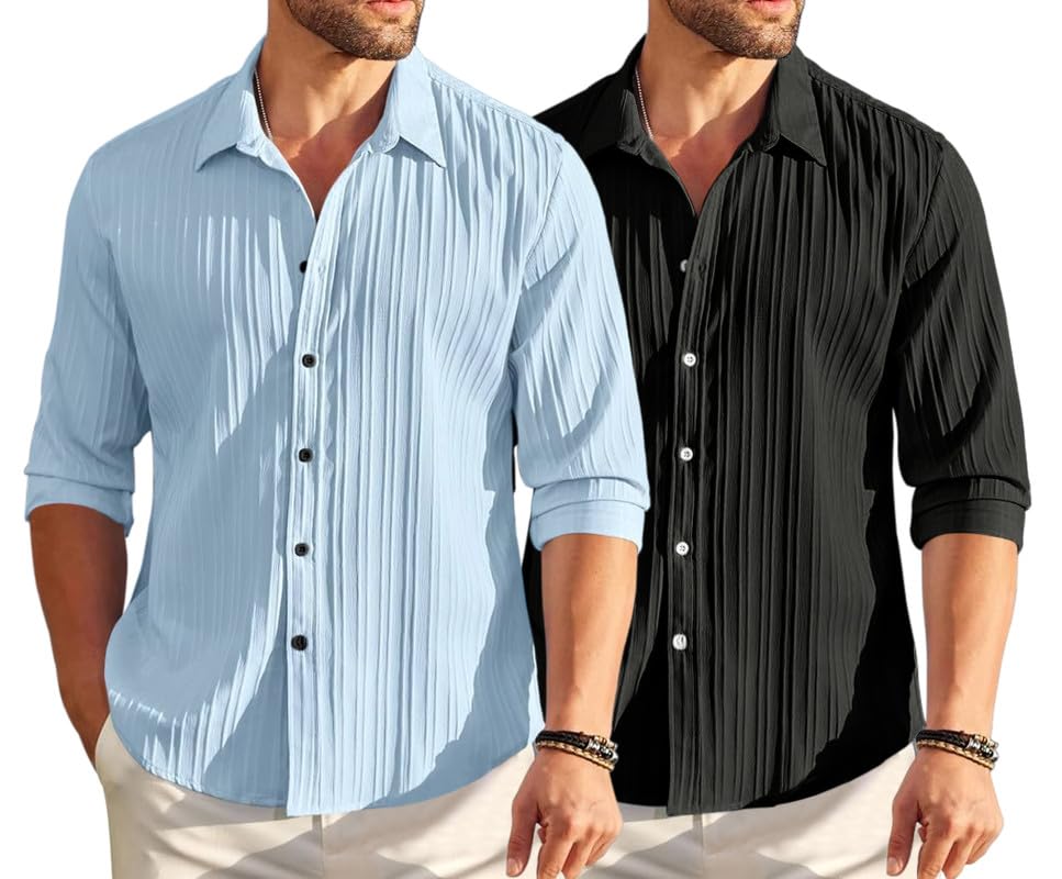 Image of FINIVO FASHION Men's Cotton Blend Shirt Set Lightweight, Full Sleeves, Plain Texture, Button Closure, Summer Ready (Pack of 2)