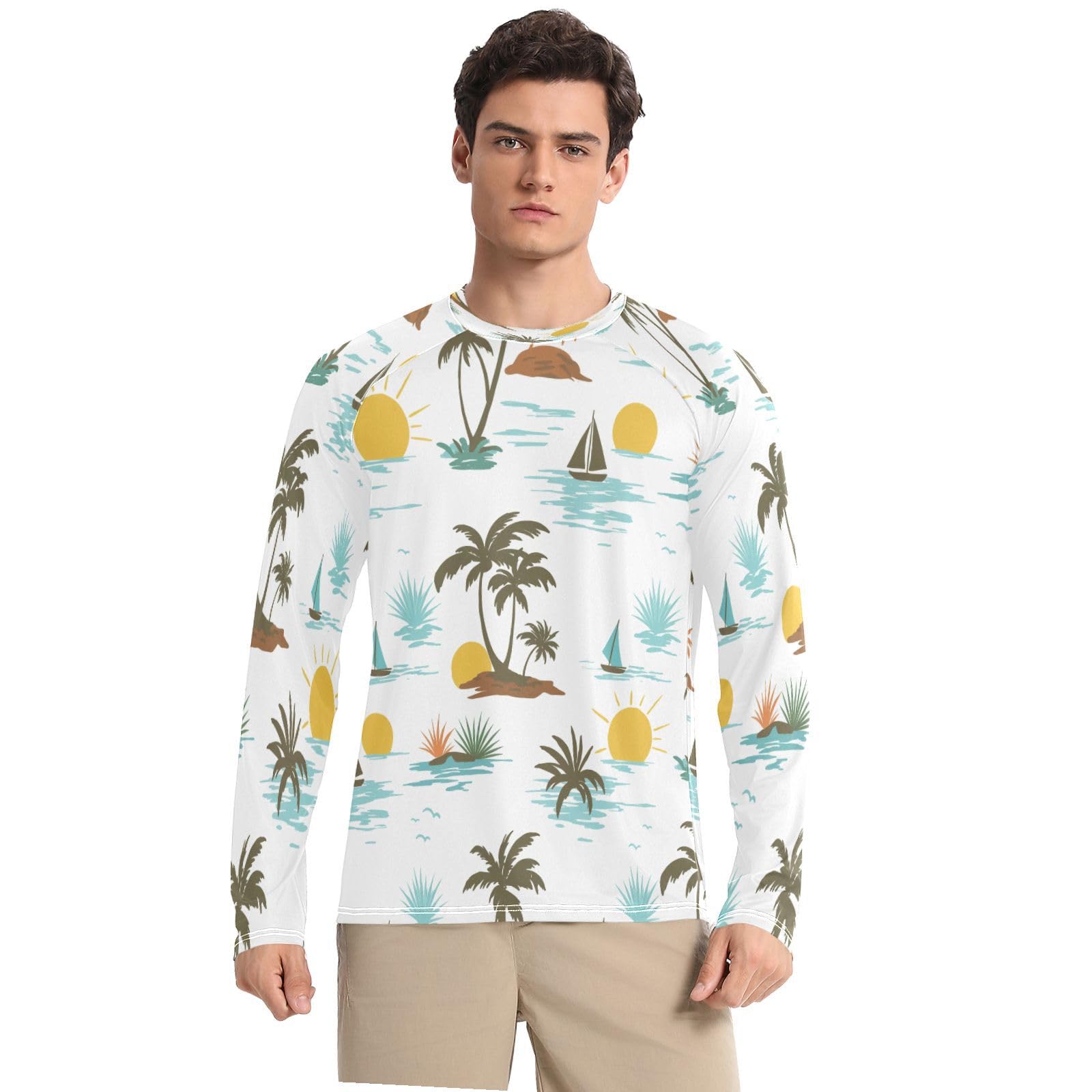 Bulletgxll Summer Pattern Men's Sun Protection Shirts UPF 50+ Long Sleeve UV Rash Guard Quick Dry Swim Shirts