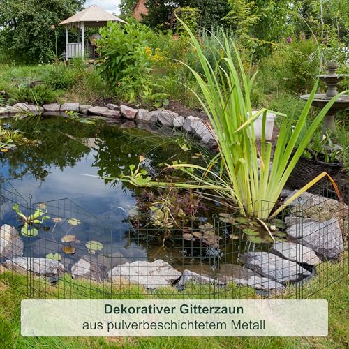 Relaxdays Teichzaun, 5 Zaunelemente, HB je 78x75 cm, Garten, Begrenzungszaun Oberbogen, zum Stecken, Metall, dunkelgrün
