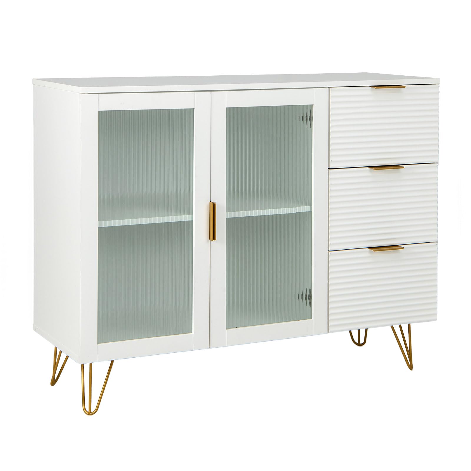 TANGZON Storage Cabinet, Wooden Sideboard with Doors, Drawers, Shelves, Metal Legs & Anti-Tipping Device, Freestanding Kitchen Buffet Cupboard Unit, White (2 Doors, 3 Drawers, 108 x 40 x 85cm)
