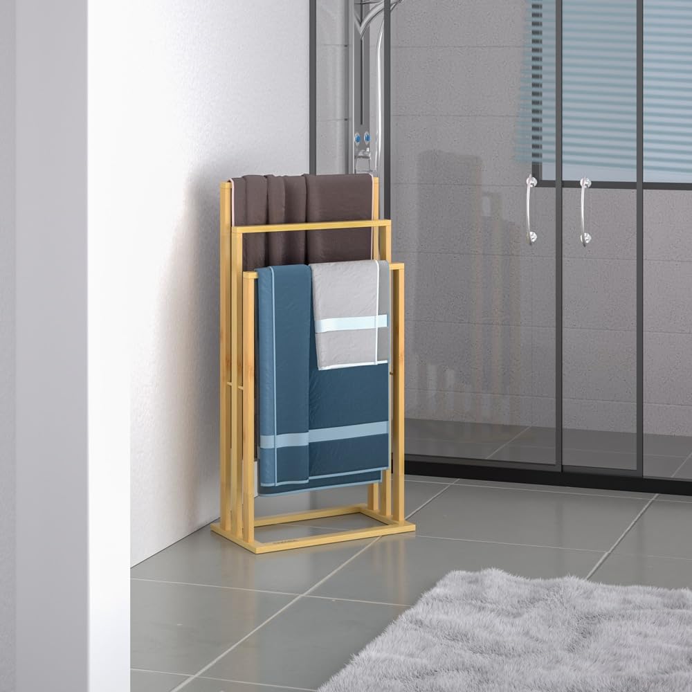 Porte-Serviettes en Bambou sur Pied avec 3 Barres Étagère de Salle de Bain Support pour Serviettes Charge Max 15 kg