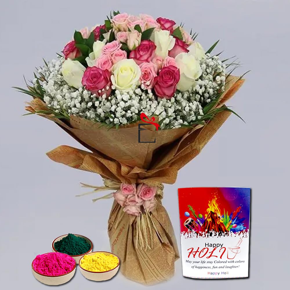 EG2i Fresh 30 Mixed Rose Flower Bunch With Organic Holi Colour | Herbal Gulal Rang | Pink | Green | Yellow | Special Bouquet for Happy Holi Festival|Couple Gift Wedding |Real Flower| Same Day Delivery-image-20