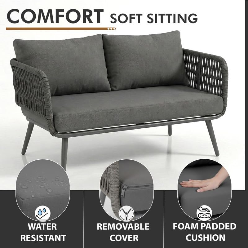 Image of BRISHI Outdoor Sofa Set || Balcony Sofa || Patio Furniture Sets | Conversation Sets | Braid & Rope Garden Seater Sofa Set and Center Table (4 Seater Grey)