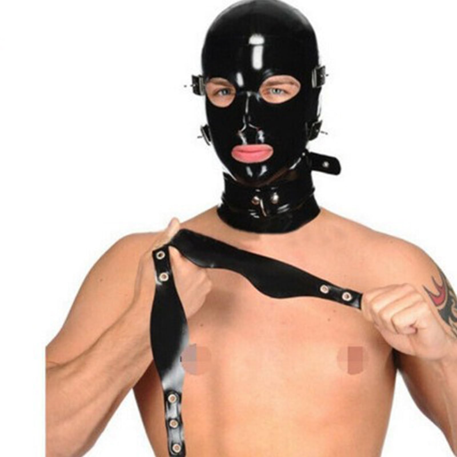 DSPENGS Latex Hood BDSM Halloween Full Face Mask Rubber Head Mask Elastic Breathable Handmade for Club Wear Unisex(Size:L-68CM)