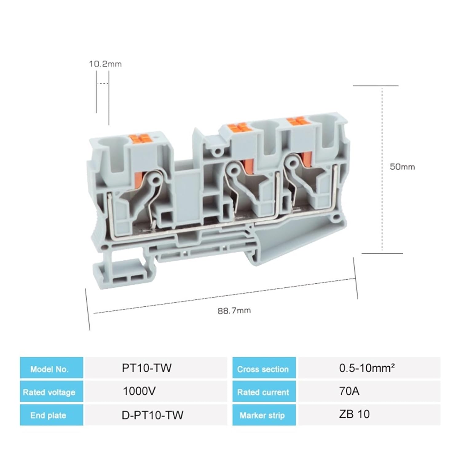 PT10-TW Terminal Block 1-Input 2-Output Push-in Connection 10mm 3-Conductor Connector Din Rail 5Pcs