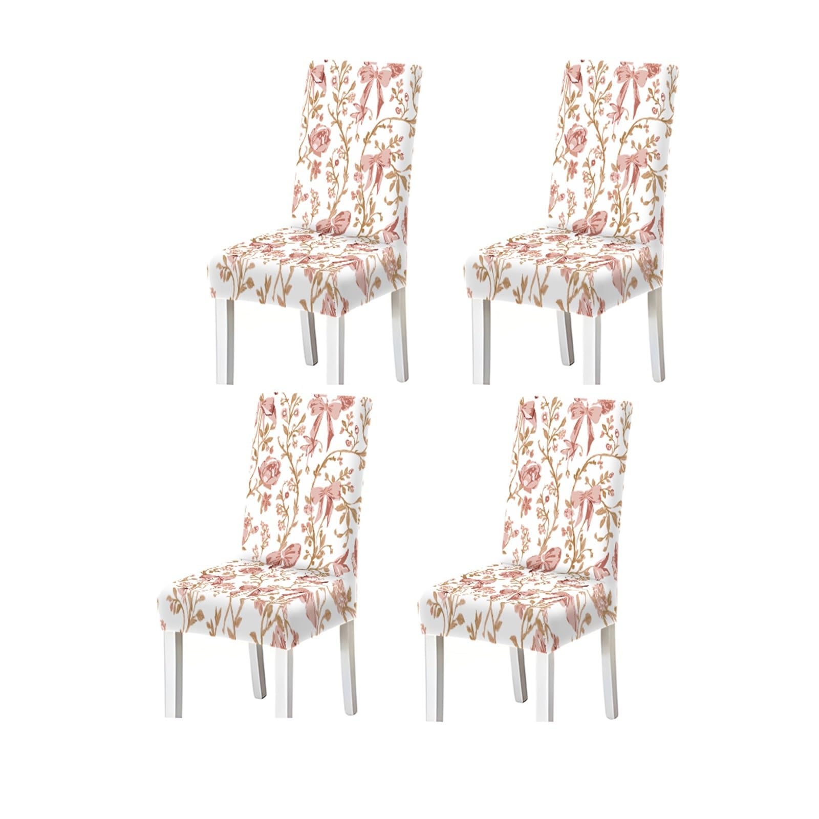 BOSUYBN Blush Pink Rose Bow Floral Vine Pattern Print Dining Chair Covers Set Of 2/4/6, Stretch Slipcovers For Kitchen Dining Room Furniture Protectors for Home Dining Room(4PCSChair cover)
