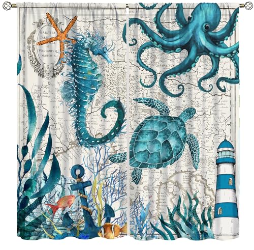 Sea Turtle Octopus Coral Nautical Coastal Vintage Anchor Sea Horse Ocean Beach Bedroom Window Drapes Printed Living Room Window Treatment Fabric 2 Panels 52W x 84L inch Blackout