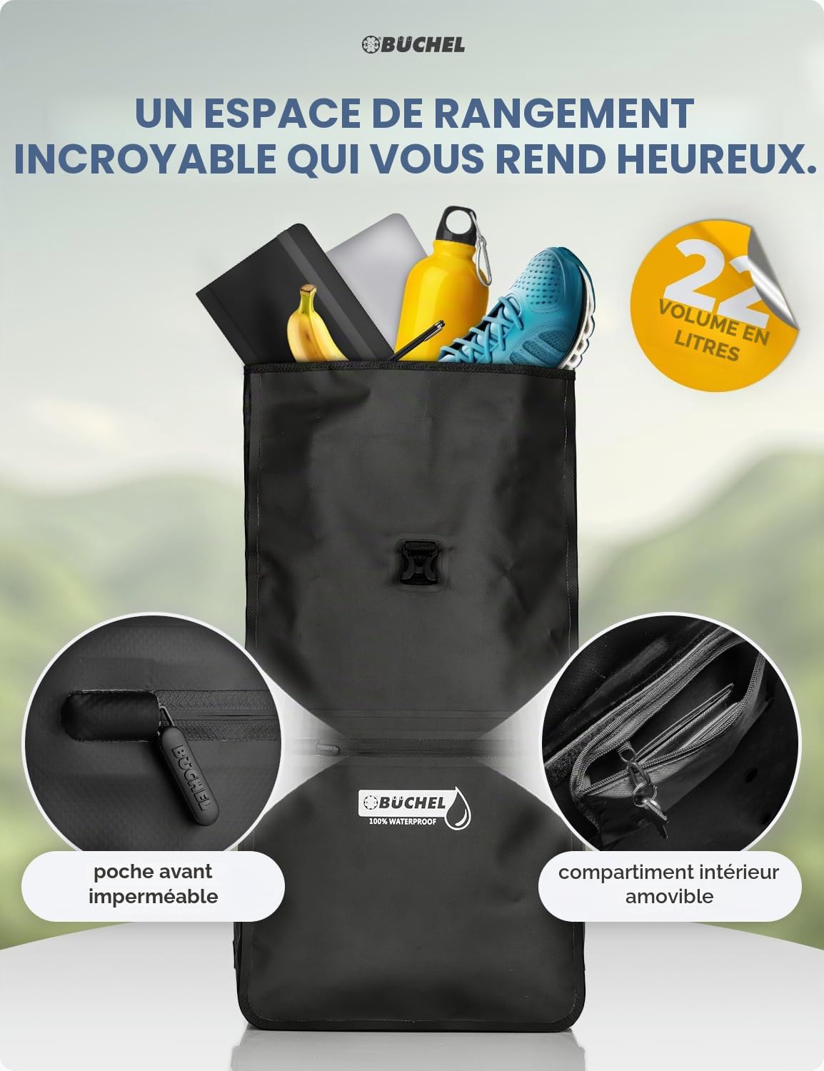 Büchel 3in1 Sacoche de vélo pour Porte-Bagages, utilisable comme Sac à Dos, Sac à bandoulière ou Sacoche de Porte-Bagages | Sacoche de vélo imperméable et réfléchissante