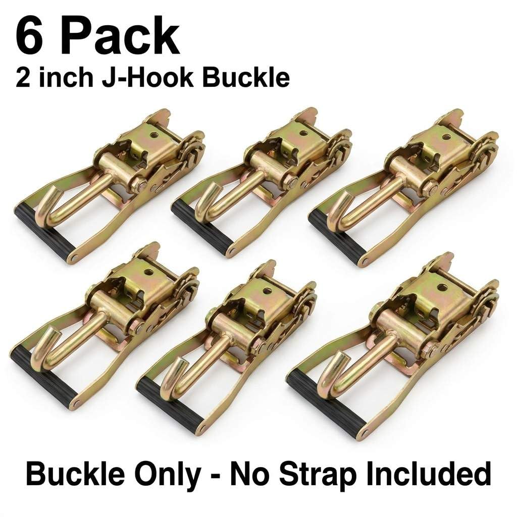 QWORK Fibbia a cricchetto con gancio singolo lungo, confezione da 6 cinghie a cricchetto da 5,1 cm, ganci a J, sicurezza per camion cargo