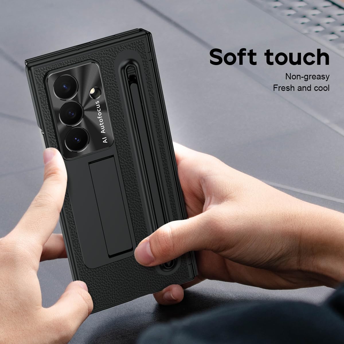 NINKI for Samsung Galaxy Z Trifold Case with S Pen & S Pen Holder, Kickstand & Front Screen Protector Hinge Electroplating Leather Phone Cover for Samsung Z Trifold Case with Stand and Stylus – Black