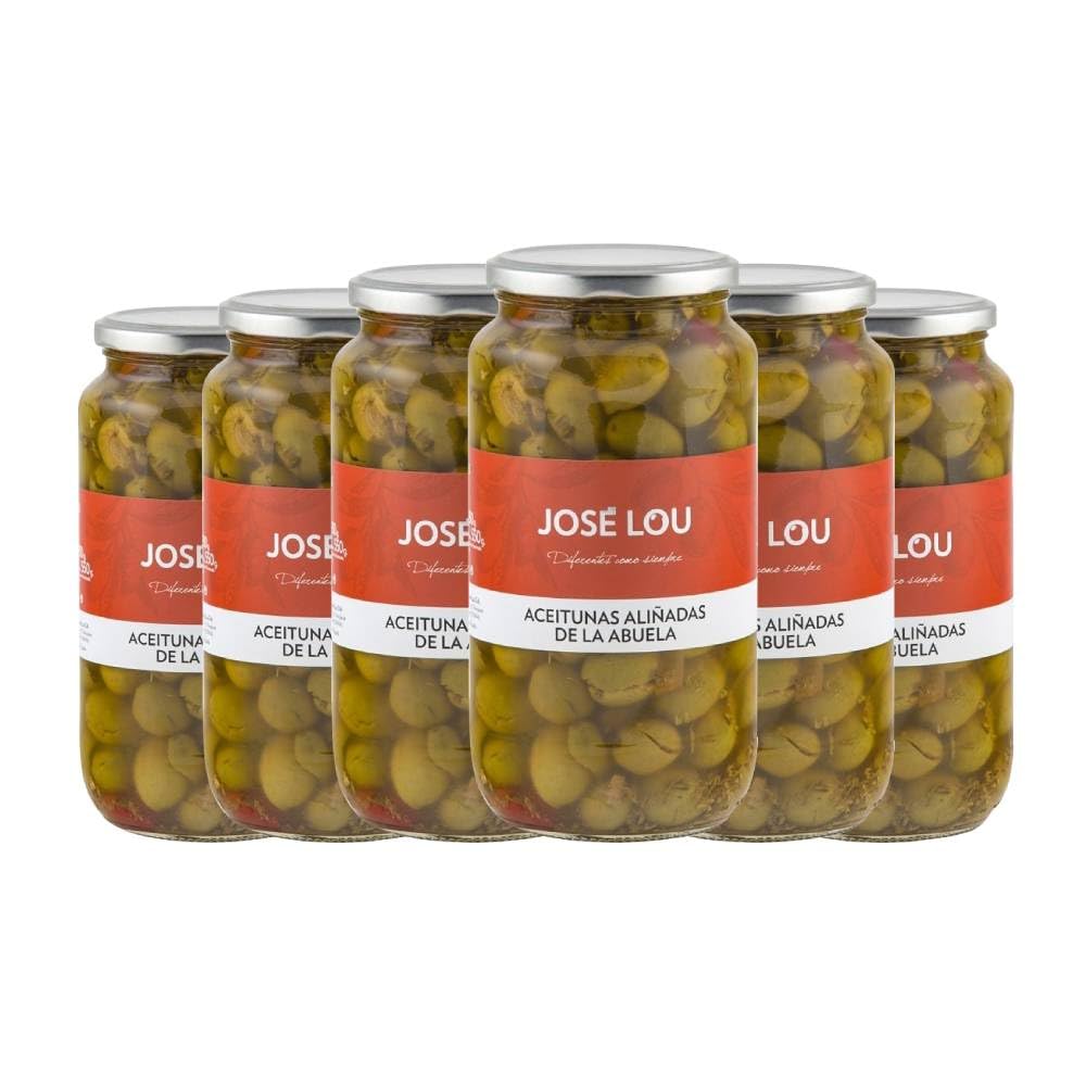 Pack 6× Aceitunas Aliñadas La Abuela José Lou – Tarro 900 g (5,4 kg Total) | Receta Tradicional Artesana | Aceitunas Españolas con Hueso | Aperitivo Gourmet Mediterráneo