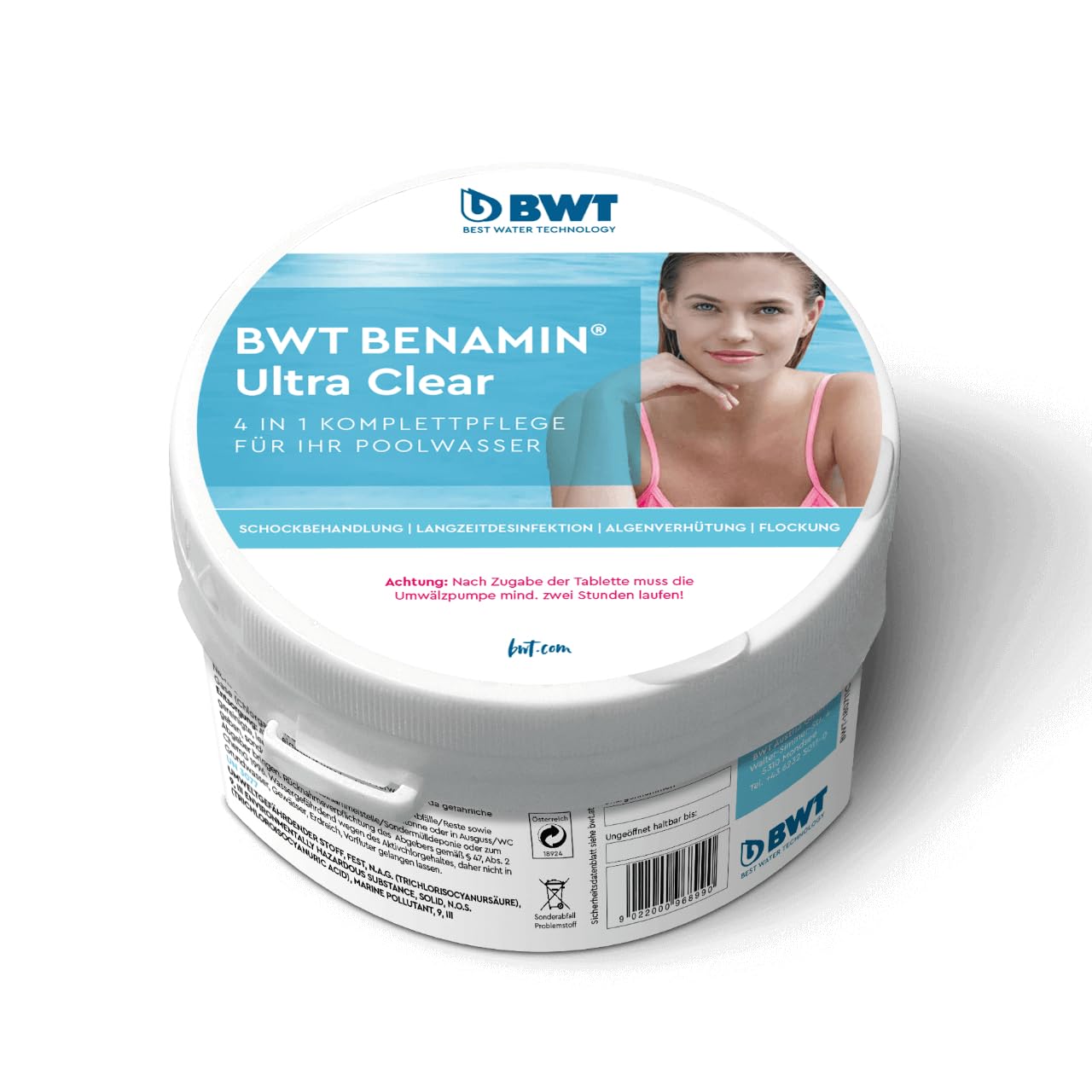 BWT Benamin Ultra Clear Poolpflege Tablette, 5er Pack à 500 g | 4-in-1 Formel, Schockbehandlung, Langzeit-Desinfektion, Algenverhütung & Flockung, Reduzierter Chloreinsatz