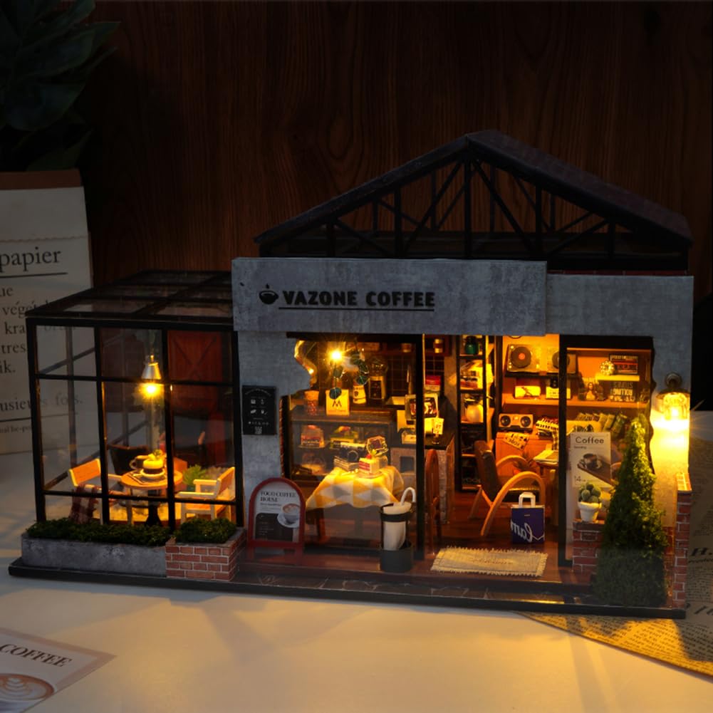 Kit de construction de maison miniature à faire soi-même, scène de café avec éclairage LED et œuvre musicale, modèle de décoration artisanal fait à la main pour décoration de bureau et de salon