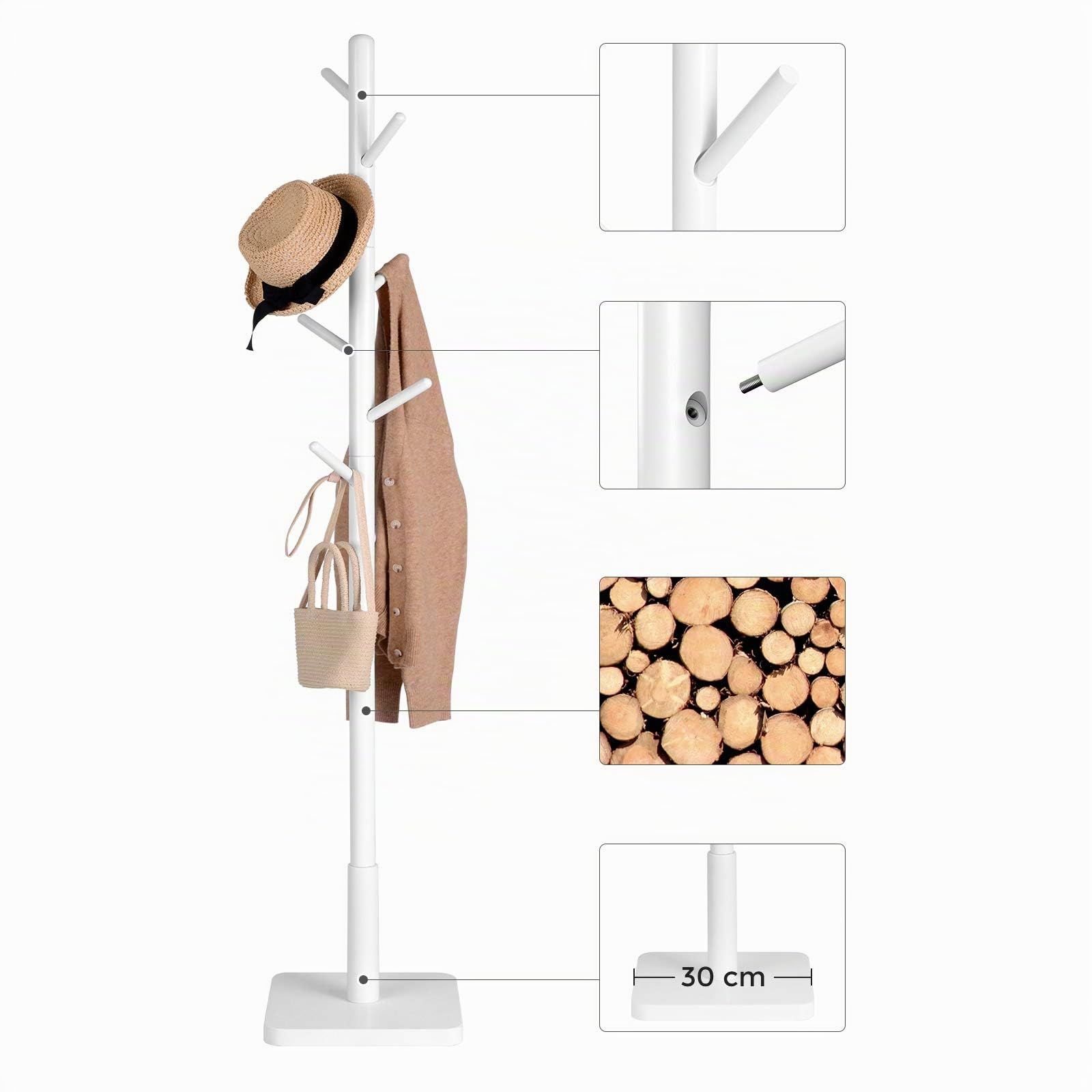 VASAGLE Appendiabiti da Terra Set di 2, in Legno, con 8 Ganci | Attaccapanni Moderno, Altezza Regolabile, Base Quadrata, Porta Abiti per Ingresso e Camera da Letto, Bianco Nuvola
