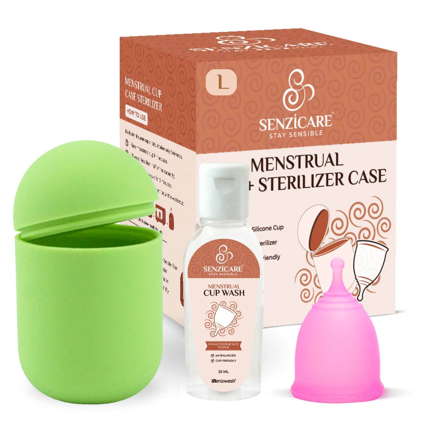 Senzicare Reusable Menstrual Cup (Large Green) with Microwaveable Sterilizer Case (1 Cup + 1 Case + Wash) | FDA Approved | 100% Medical Grade Silicone | Rash-Free & Leak-Proof Protection for 10 Hours