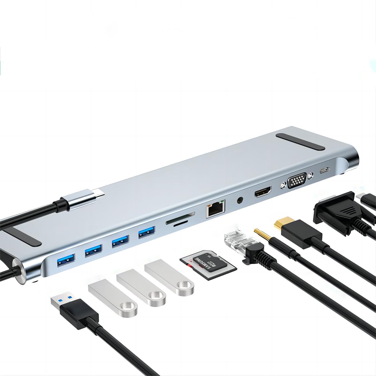 Hub USB C, stacja dokująca z adapterem 10 w 1 z 4K HDMI, VGA, typ C, 87 W PD, 5 Gb/s USB3.0, RJ45 Ethernet, czytnik kart SD/TF, AUX 3,5 mm, kompatybilna z MacBook Pro/Air, innymi urządzeniami