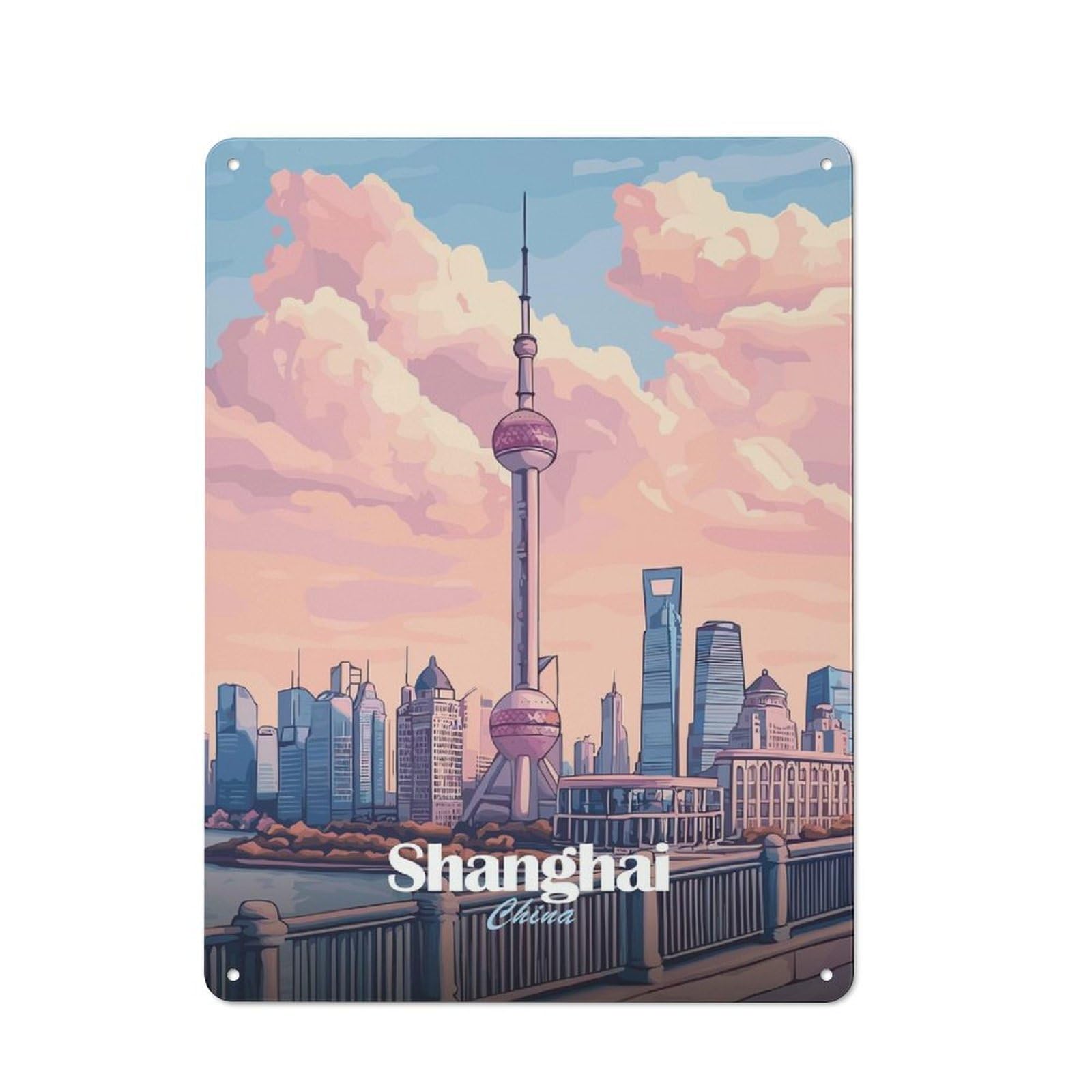 Junmoney Style-23 Shanghai Skyline Illustration Vintage Metal Sign 40X30cm, Vintage Bistro Wall Plaque For Coffee Bar, Small Shop Or Dining Room