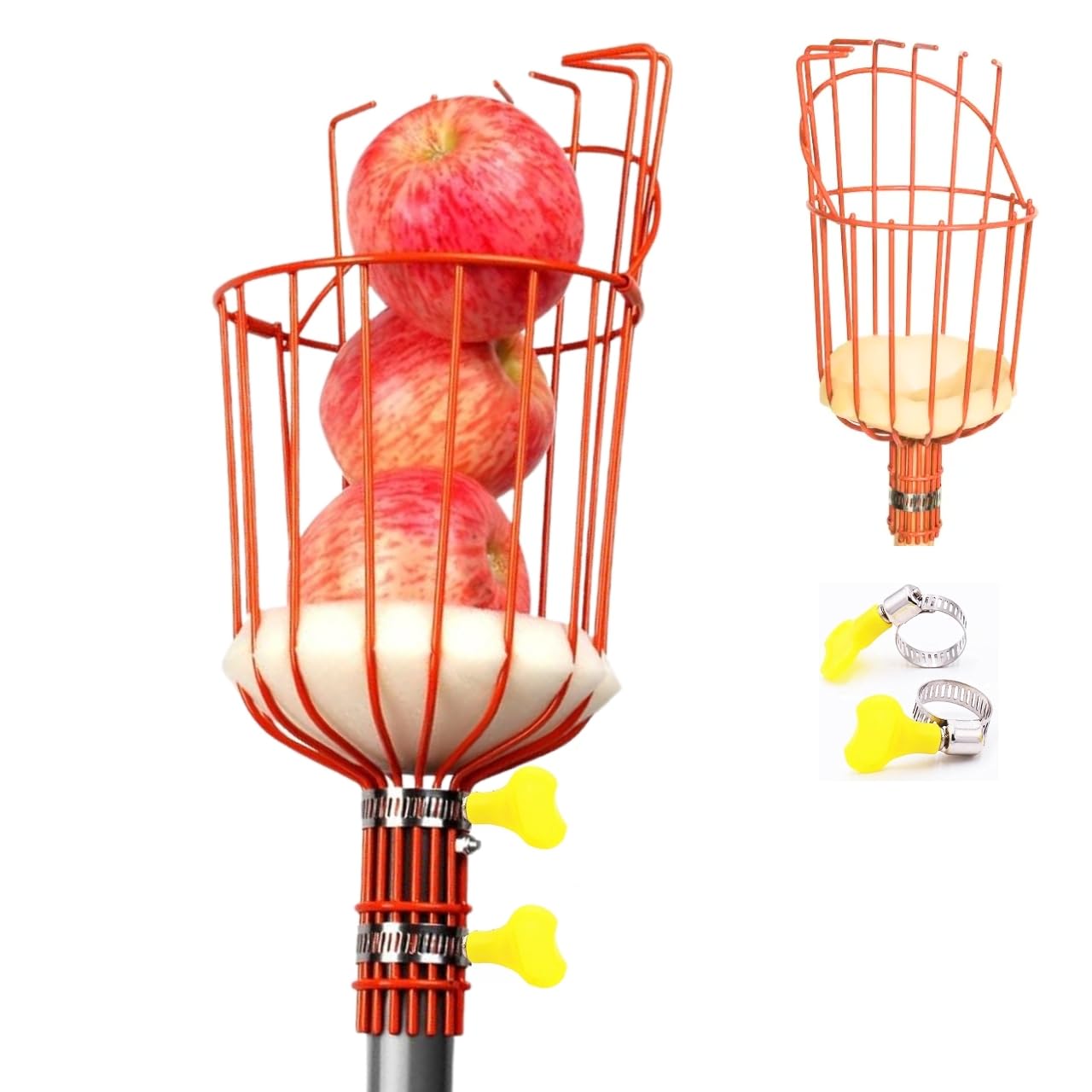 ecofynd Fruit Picker Tool with Adjustable Pole Fixing Clamp, Metal Gardening Easy and Safe Fruit Picking from Trees, Lightweight & Durable Basket Design for Outdoor Garden/Farm (Orange)