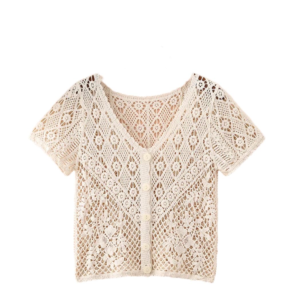 Top da donna in tinta unita all'uncinetto a maniche corte con bottoni cardigan da donna camicie da vacanza