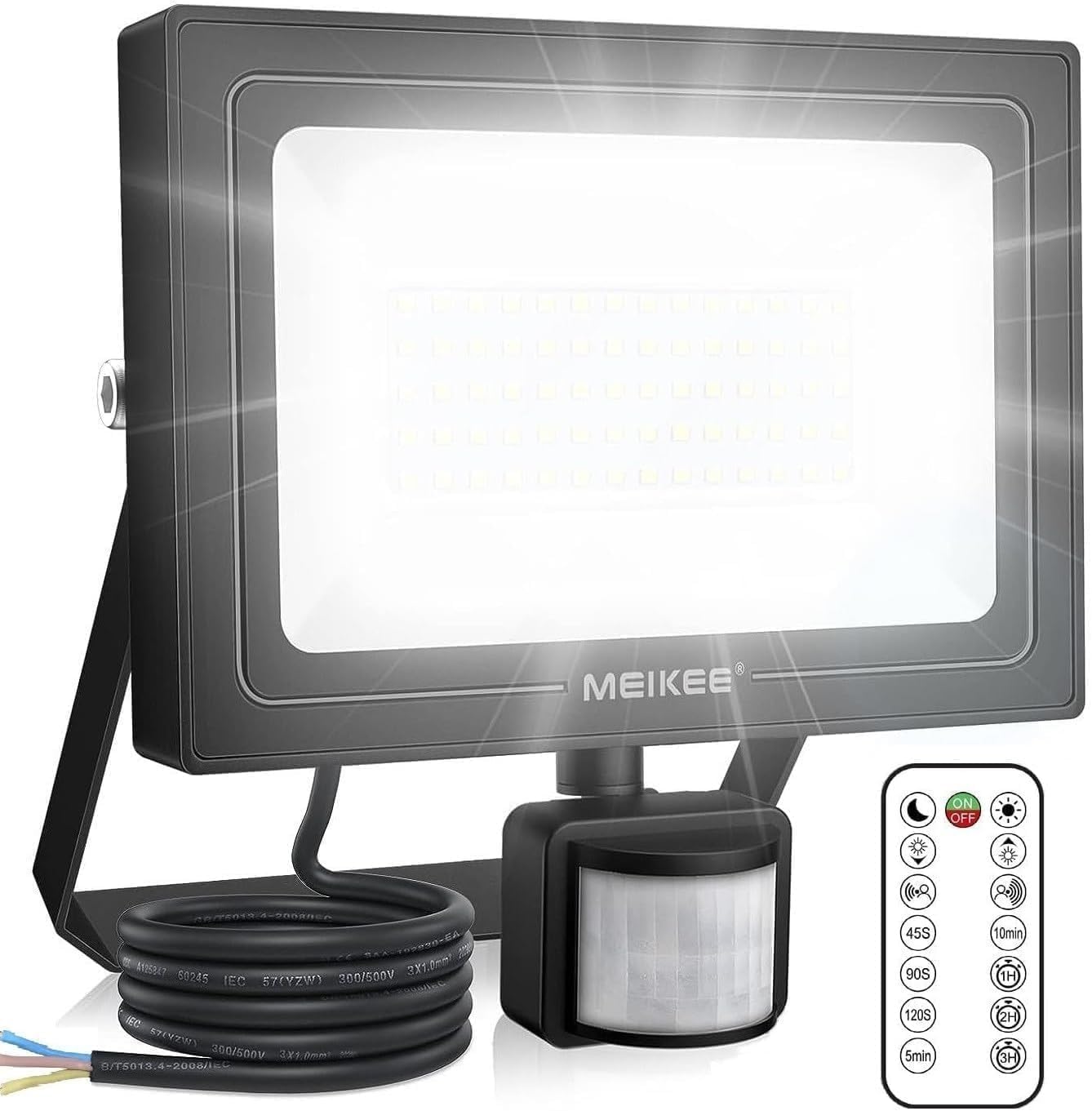 MEIKEE Security Lights with Motion Sensor 35W 3 Working Modes Stepless Brightness 3000 Lumen Adjustable 12m PIR Detection IP66 Waterproof Perfect for Garage Garden Forecourt with Remote Control