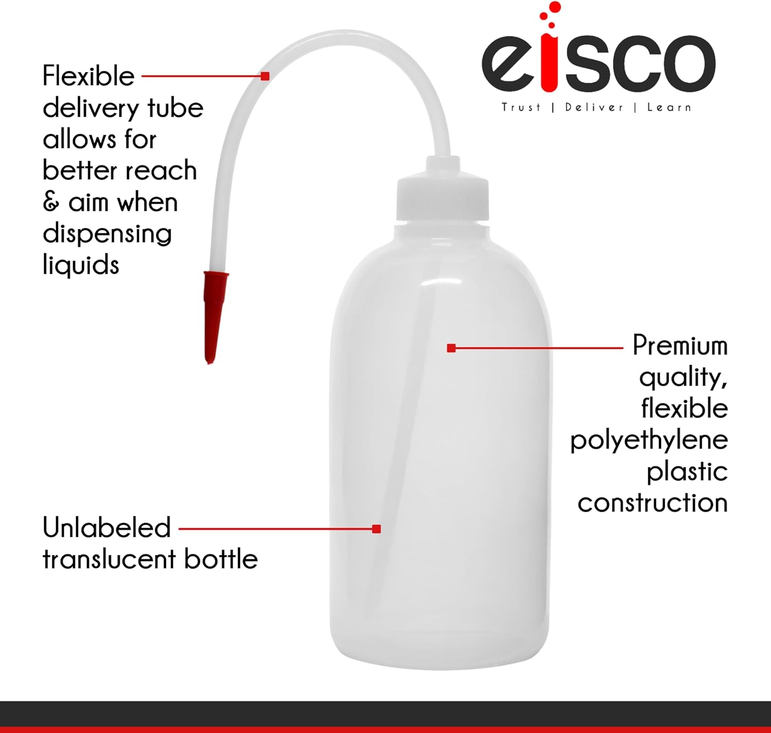 EISCO Wash Bottle, 1000ml - Polyethylene - Translucent, Unbreakable - Screw Cap with Flexible Delivery Tube for Dispensing Liquid - Includes Tube Cap - Image 5