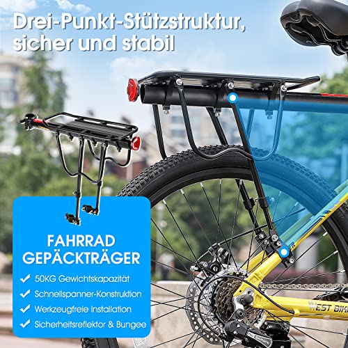 West Biking Mountainbike Gepäckträger - Stabiler Aluminium Fahrrad Gepäckträger für MTB, Einfache Montage, Maximalbelastung 50kg (Schwarz)
