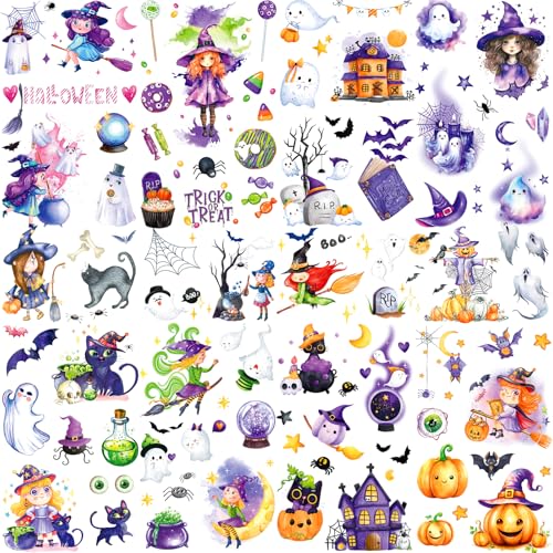 Image of XIYOKA 12 Sheets 160+ PCS Halloween Fake Glitter Tattoos, Halloween Glitter Face Temporary Tattoos, Halloween Party Favors Supplies