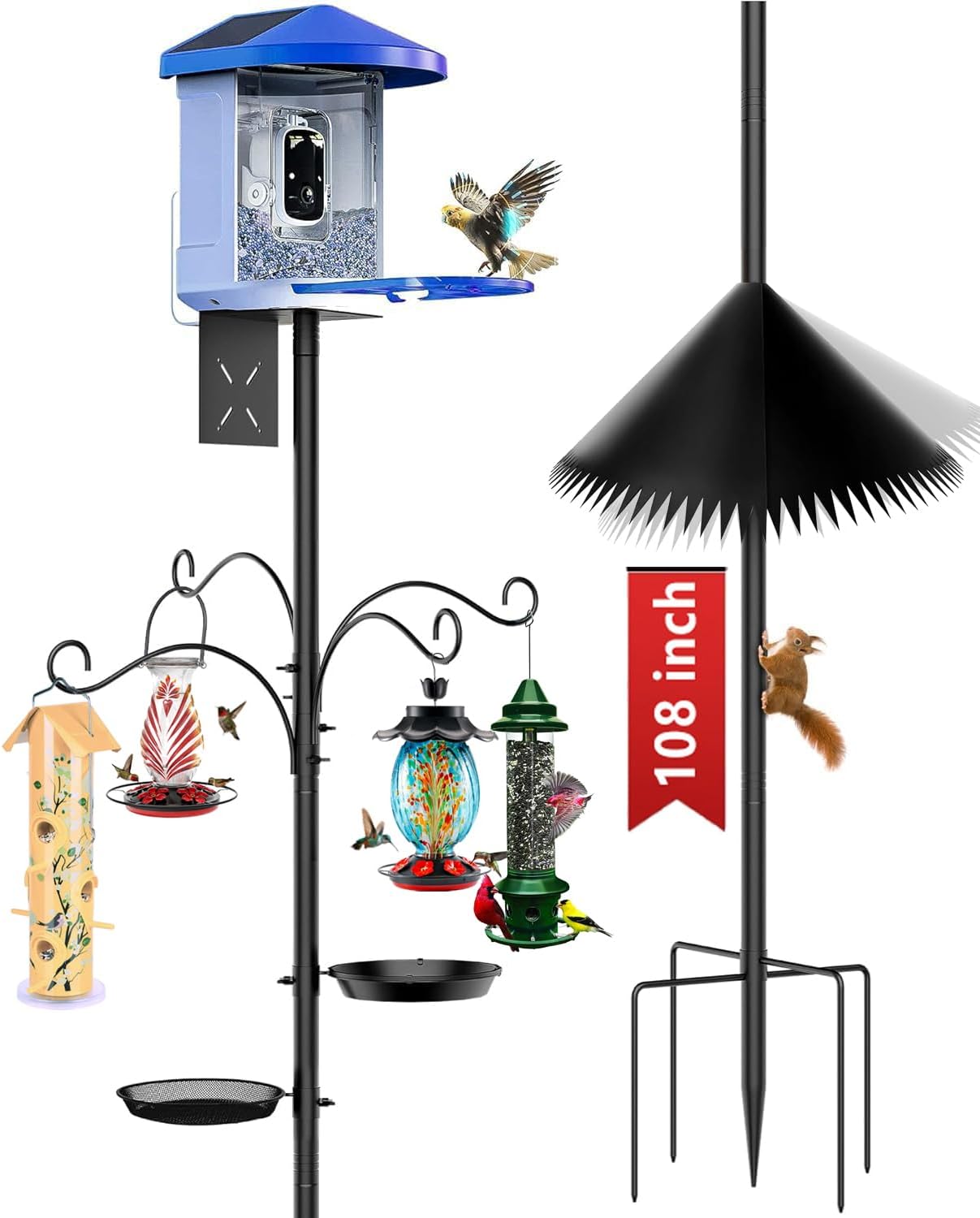 Bird Feeder Pole, 108 inch Bird Feeder Stand Station with Squirrel Proof Baffle, Outdoors Birdhouse Pole Heavy Duty, Metal Black