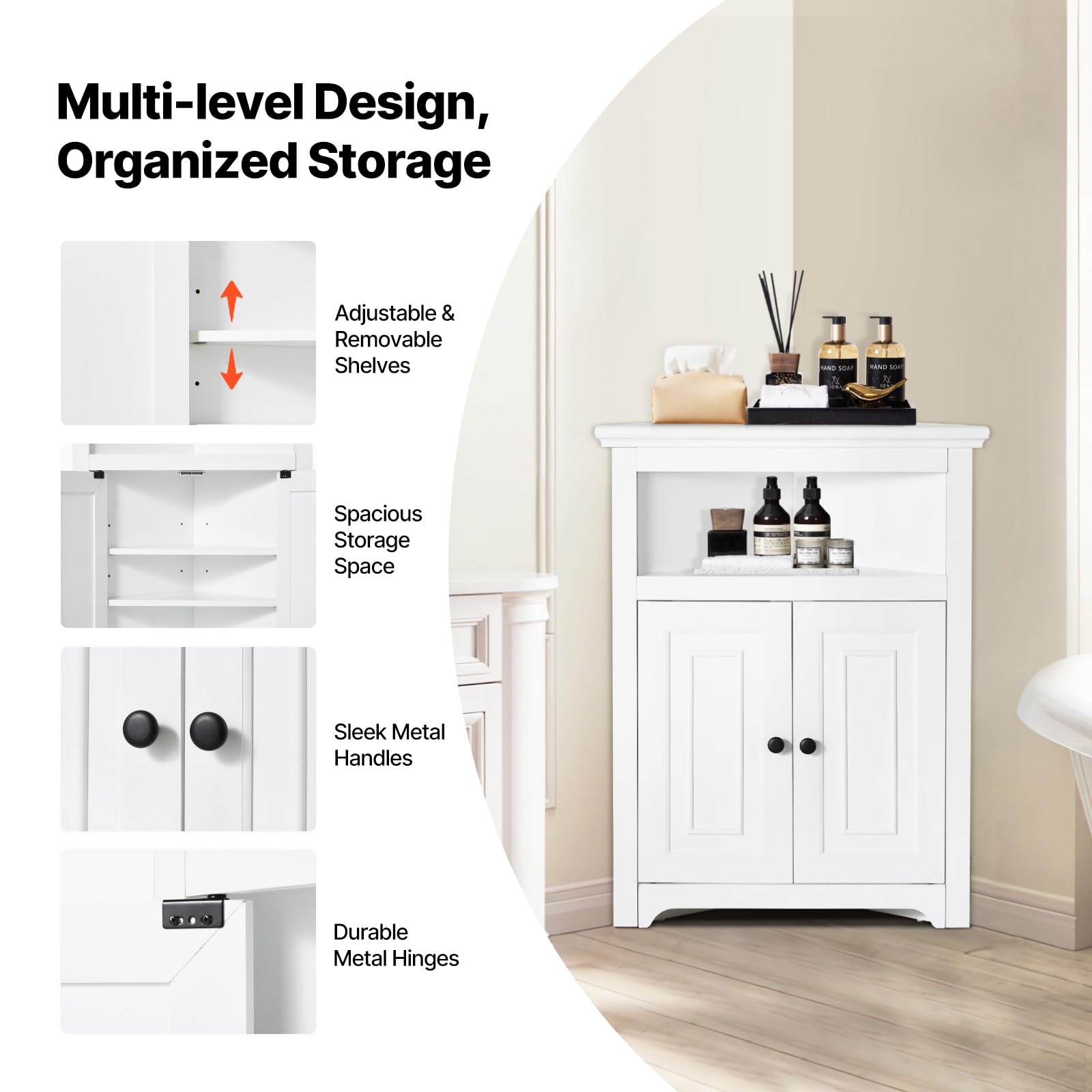 VEVOR Armario de Almacenamiento de Esquina de 645 x 325 x 845 mm, Armario de Almacenamiento Pequeño de 3 Niveles con 2 Puertas de Madera y Estantes Ajustables para Sala de Estar, Cocina, Baño, Blanco