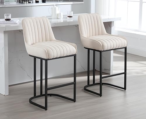 EALSON Taburetes de bar modernos de altura de mostrador, juego de 2 cómodos taburetes de bar tapizados de lino con respaldo y base de metal,