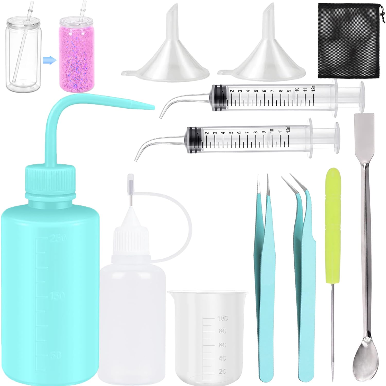 CHENGLAI 12 PCS Snow Globe Tumbler Making Supplies, DIY Tool Kit for Glitter Snow Globe Cups with Plastic Squeeze Water Bottle Tweezers Bent Syringe Funnels, Suitable for DIY Your Crafts-image-32