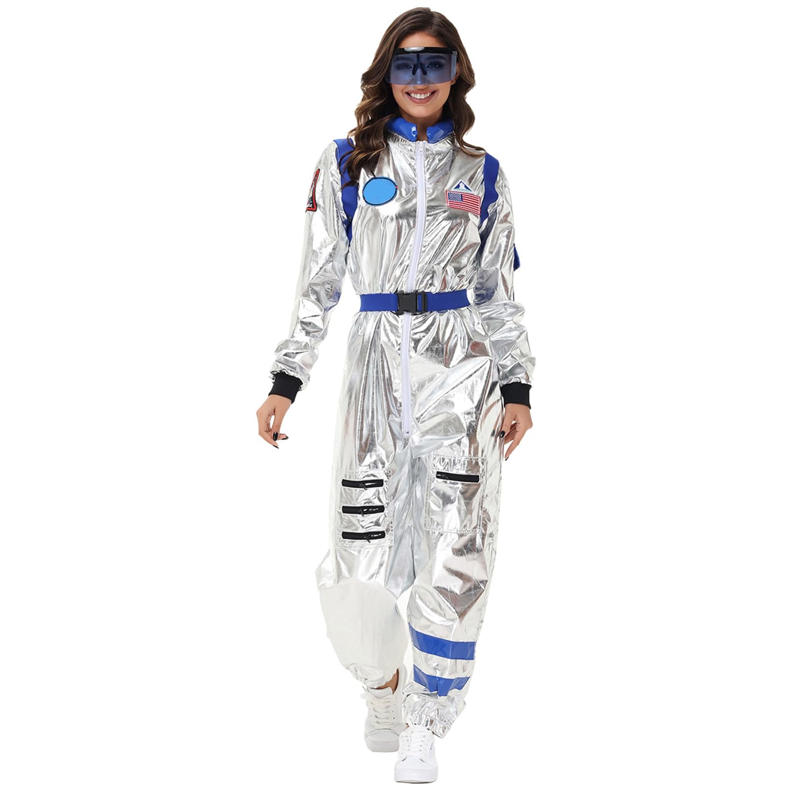 Astronauten Kostüm Familie Set Damen Herren Kinder, Silber Overall Space Weltall Kostüm Mit Gürtel, Faschingskostüme Astronaut Cosplay Outfit Weltraum Raumanzug