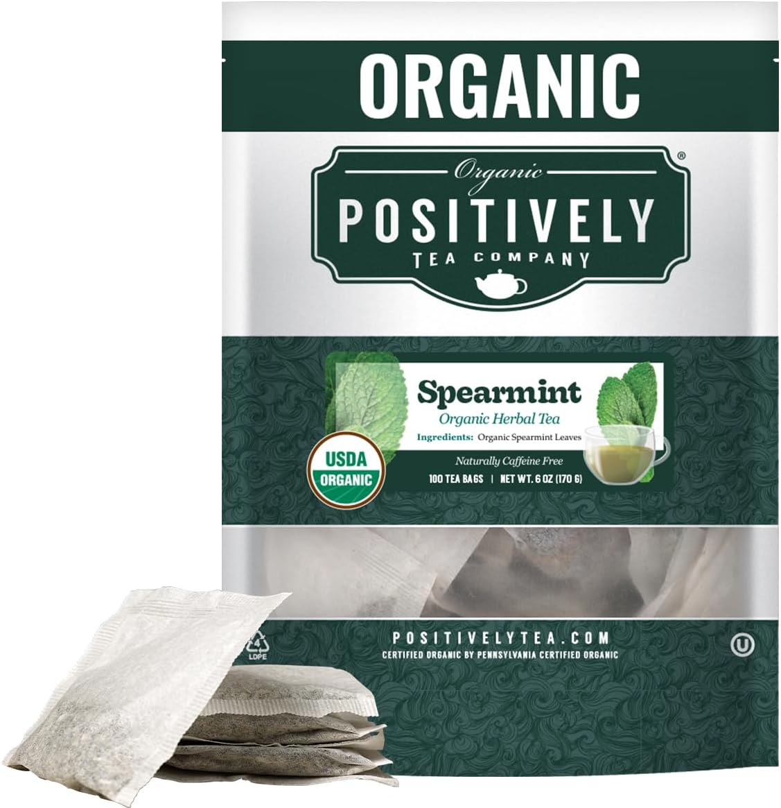 Organic Positively Tea Company, Spearmint Leaf Herbal Tea Bags, 100 Count, Eco-Friendly Tea Bags, Non-GMO