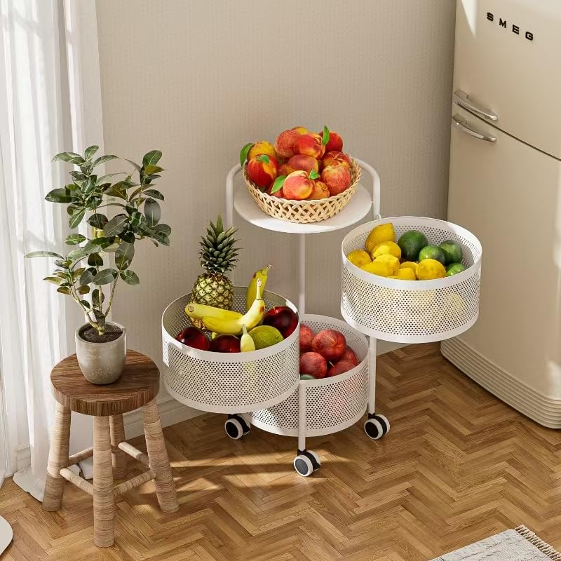 Image of JAQ No Assembly White Rotating Kitchen Storage Organizer, 3-Tier Metal Basket Rack with Wheels, Space Saving Fruit & Vegetable Storage Cart for Small Kitchen, Pantry, White