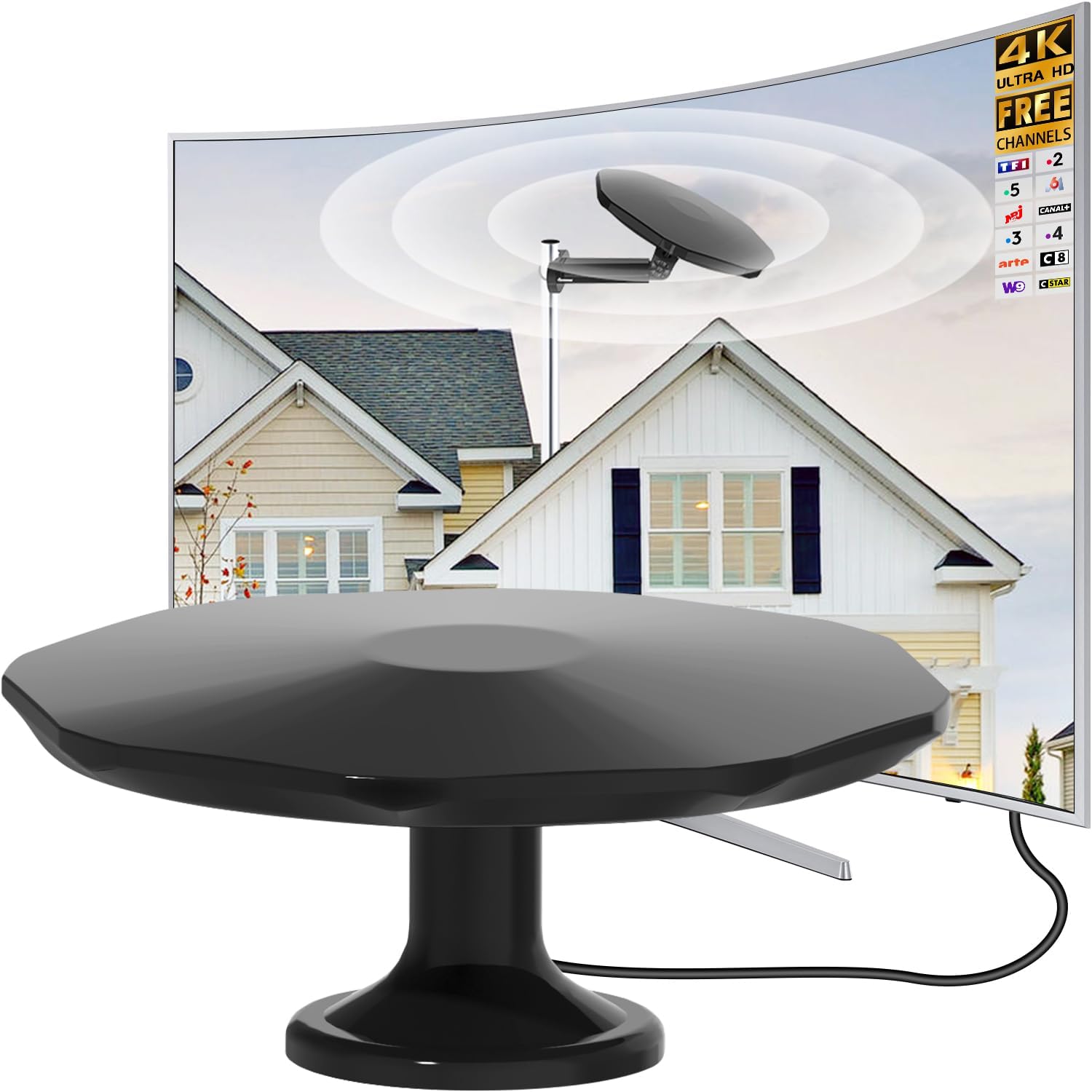 2026 New Antenne TV Extérieure Puissante, Antenne TNT pour Camping Car Réception Longue Portée 360, Antenne Camping Car pour Canaux Locaux, TNT HD 4K DVB-T/T2, Câble Coaxial de 32,8 ft (Noir)