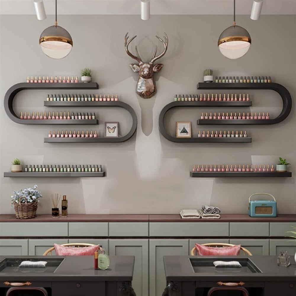 Estante de esmalte de uñas montado en la pared, estante de metal de 6 piezas para salón y hogar, elegante soporte de esmalte de uñas para tiendas de belleza y uñas, solución organizadora que ahorra